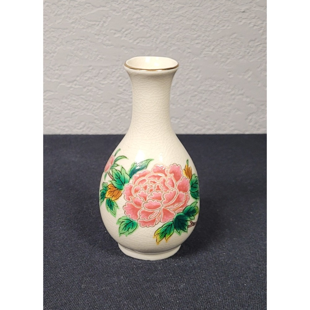 Vtg Homco Japanese Miniature Bud Vase Pink Peony Crackle Glaze Gold Trim 4.5"